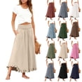 thumbnail image 1 of Boho Ruffle Hem Maxi Skirt for Women - High Waisted Elastic Waist Long Skirt with Pockets, Flowy Casual Beach Summer Skirt Army Green L, 1 of 8