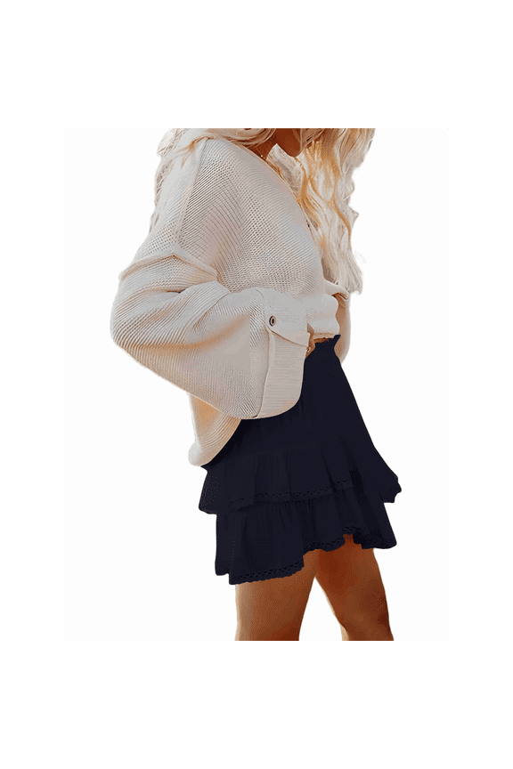 Boho Ruffle Tiered Skorts High Waist Mini Skirts Navy Blue XXL