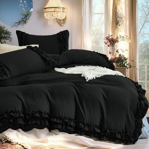 Boho Ruffled Comforter Set Super Soft Cozy Bedding Set with Pillowcases Elegant Chic Bedroom Decor Rustic Farmhouse Quilt Comforter 3 Pcs Set