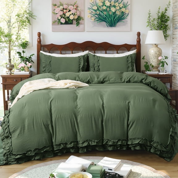 Boho Ruffled Comforter Set Super Soft Cozy Bedding Set with Pillowcases Elegant Chic Bedroom Decor Rustic Farmhouse Quilt Comforter 3 Pcs Set