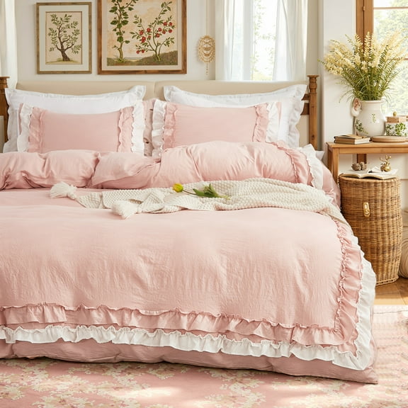 Boho Ruffled Comforter Set Super Soft Cozy Bedding Set with Pillowcases Elegant Chic Bedroom Decor Rustic Farmhouse Quilt Comforter 3 Pcs Set