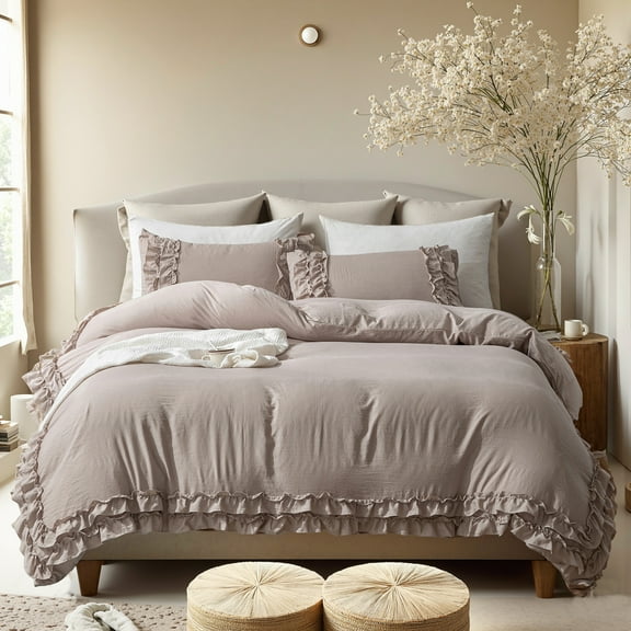 Boho Ruffled Comforter Set Super Soft Cozy Bedding Set with Pillowcases Elegant Chic Bedroom Decor Rustic Farmhouse Quilt Comforter 3 Pcs Set