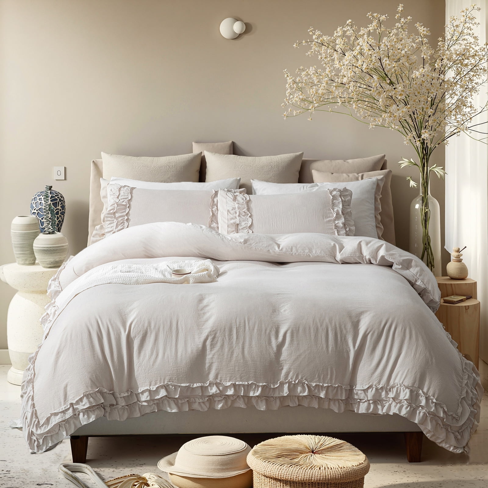 Boho Ruffled Comforter Set Super Soft Cozy Bedding Set with Pillowcases Elegant Chic Bedroom Decor Rustic Farmhouse Quilt Comforter 3 Pcs Set