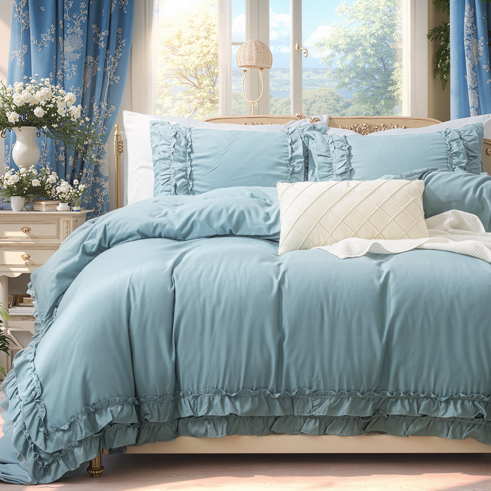Boho Ruffled Comforter Set Super Soft Cozy Bedding Set with Pillowcases Elegant Chic Bedroom Decor Rustic Farmhouse Quilt Comforter 3 Pcs Set