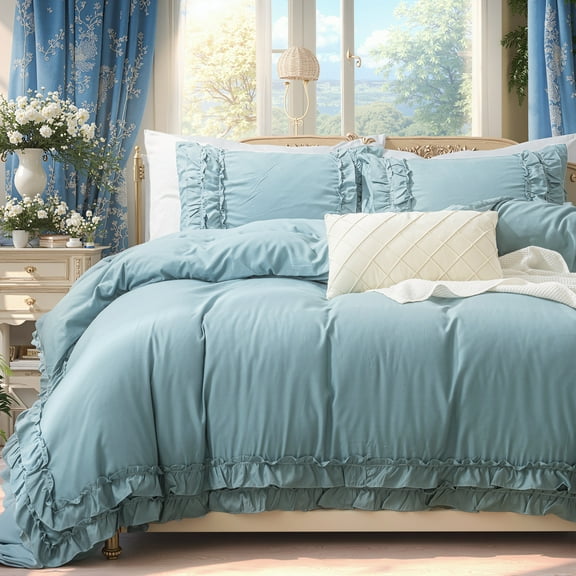 Boho Ruffled Comforter Set Super Soft Cozy Bedding Set with Pillowcases Elegant Chic Bedroom Decor Rustic Farmhouse Quilt Comforter 3 Pcs Set