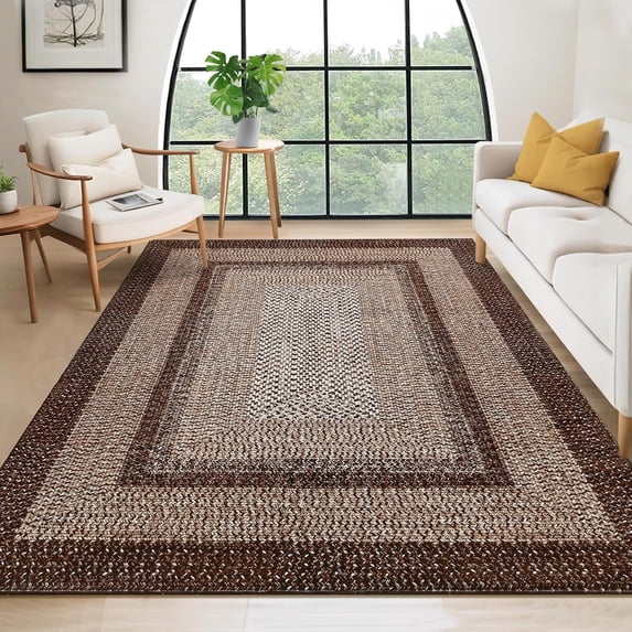 Boho Rug 4x6 for Bedroom Machine Washable Rug Braided Print Floor Cover Indoor Non Slip Throw Carpet Farmhouse Rustic Accent Rug Moroccan Carpet for Living Room Home Decor, Brown