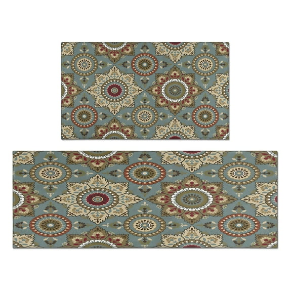 Boho Rug Set Non-Skid Washable Kitchen Mat Vintage Floral Runner & Retro Mat Runner Mat Perfect for Door & Sink - Set of 2