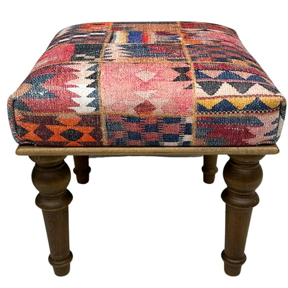 Boho Rug Upholstered Ottoman  – Handmade Wood Footrest Pouf, Decorative Farmhouse Entryway Footstool