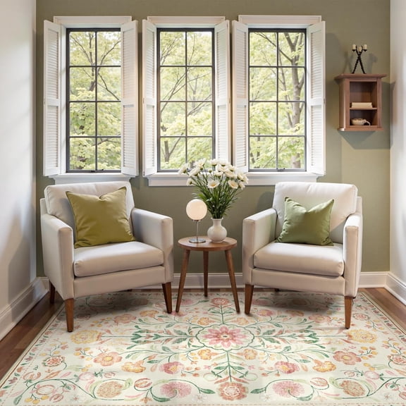 Boho Rugs for Bedroom, Washable Area Rugs 5X7 Soft Rug for Living Room, Non Slip Distressed Beige Floral Rug, Stain Resistant Mat Indoor Carpet for Bedside Apartment Foyer