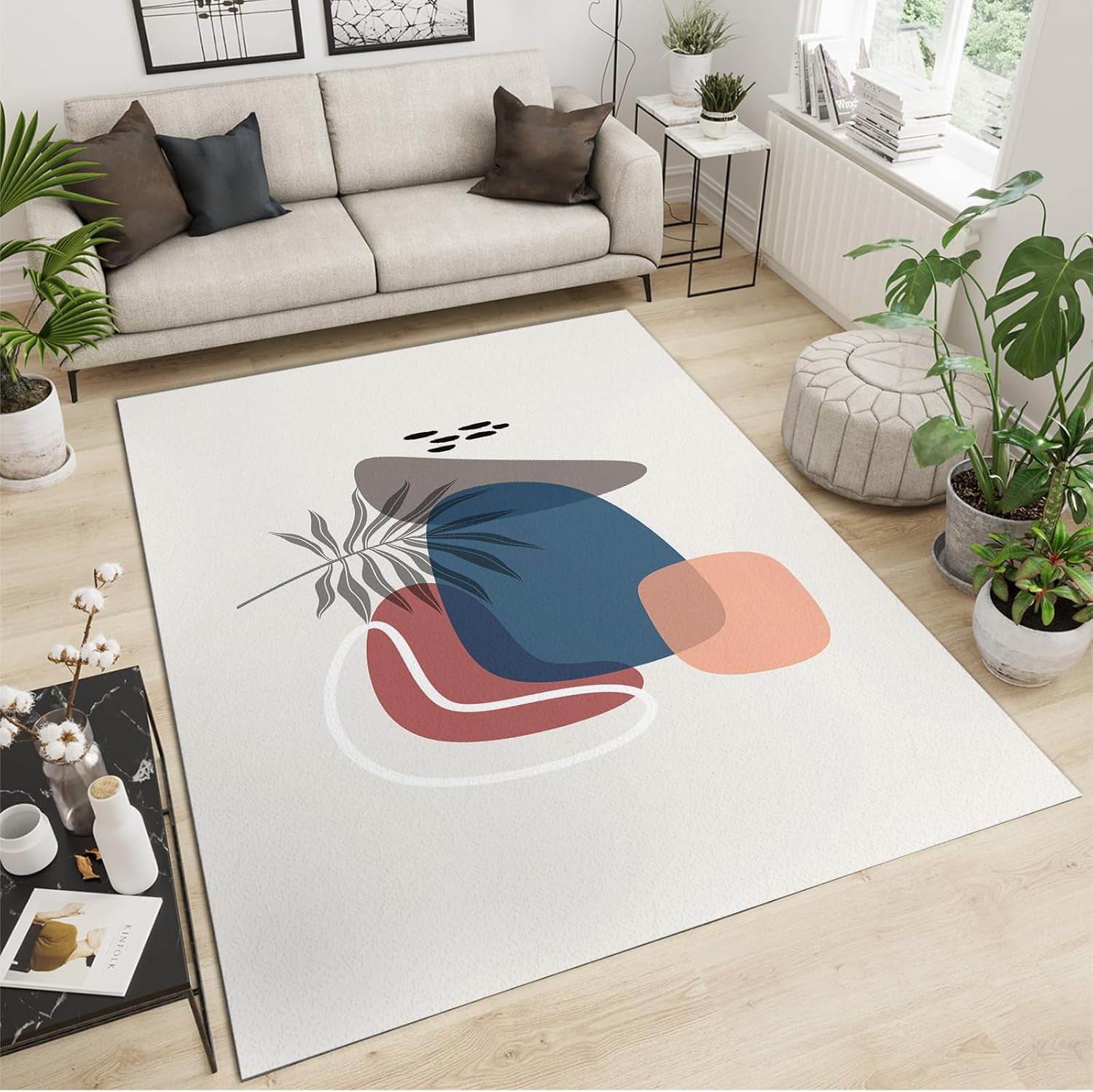 Boho Rugs, Grey Tropical Plant Leaf With Modern Abstract Colorful ...