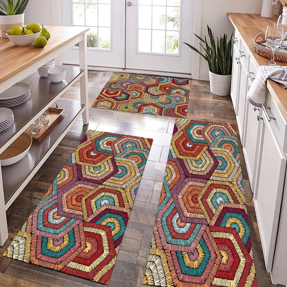 Boho Rugs Kitchen Rug Sets 3 Piece,Red Yellow Geometric Triangle Rugs Non Slip Kitchen Rugs and Mats Set,Boho Western Decor Rugs for Floor Washable Kitchen Floor Rugs for Hallway Laundry Room