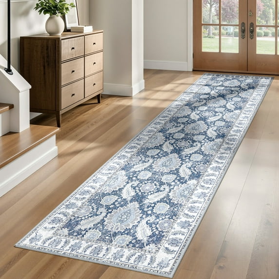 NewBuros Area Rugs 2'x10' Washable Non-Slip Boho Runner Rugs, Soft Stain Resistant Low Pile Print Indoor Carpet for Hallway Kitchen and Entryway, Navy Blue