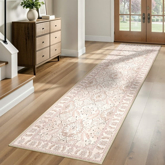 NewBuros Area Rugs 2'x10' Washable Non-Slip Boho Runner Rugs, Soft Stain Resistant Low Pile Print Indoor Carpet for Hallway Kitchen and Entryway, Pink