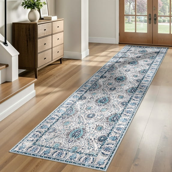 NewBuros Area Rugs 2'x10' Washable Non-Slip Boho Runner Rugs, Soft Stain Resistant Low Pile Print Indoor Carpet for Hallway Kitchen and Entryway, Turquoise