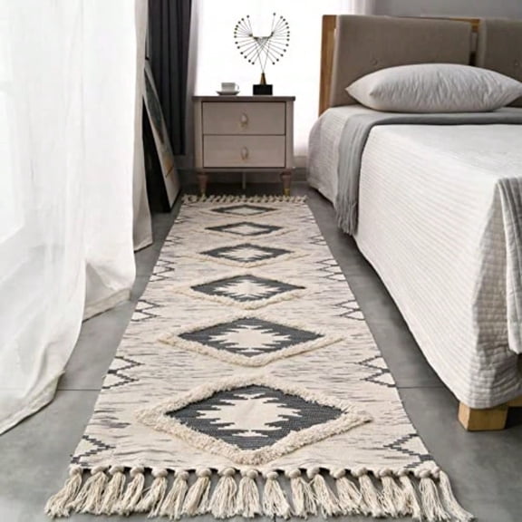 Boho Runner Rug 2'x6' Washable Hallway Rug Runner Non Slip Rubber Backed Kitchen Farmhouse Area Rug Floor Mat With Tassels Tufted Woven Cotton Entryway Carpet Grey