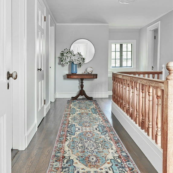 Boho Runner Rug 8ft - Non-Slip, Washable Kitchen Rugs - Ideal for Hallway, Entryway, Living Room