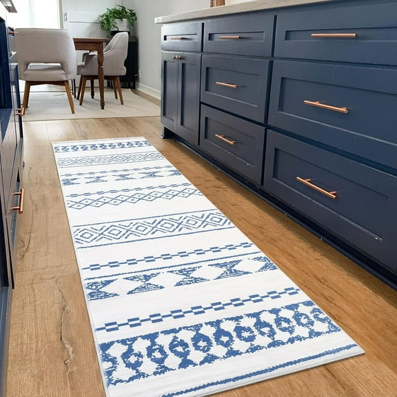 Boho Runner Rugs 2' x 8', Washable Rug Ultra-Soft Anti-Slip Floor Cover Low Pile Farmhouse Carpet Non-Shedding Foldable Geometric Rug for for Living Room Bedroom, Blue