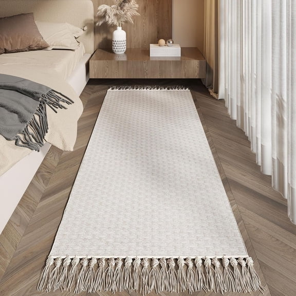 Boho Runners for Hallways 2x6 ft Washable Runner Rug Non Slip Rubber Backed Kitchen Rug Woven Entryway Runner Rugs Tassels Carpet Runners for Indoor Hallway Bedroom (Beige-White)