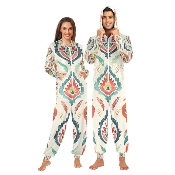 Boho Rustic Adult Onesie Pajamas Slim Fit Christmas One Piece Suit Pjs for Women and Men Hooded Zipper