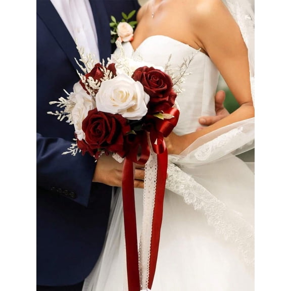 Boho Rustic Artificial Wedding Bouquet Set - Ribbon-Handled Bride Bridesmaid Toss Flowers for Beach Church Ceremonies