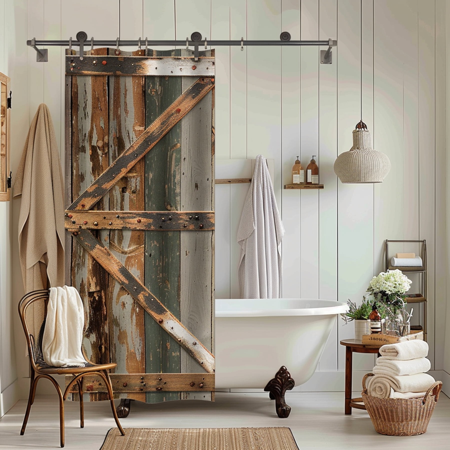 Boho Rustic Barn Door Shower Curtain Vintage Farmhouse Bathroom Decor
