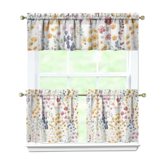 Boho Rustic Curtains 24" Short - 3 Panel Vintage Wildflower Farmhouse Set with Blooming Botanicals, Rod Pocket