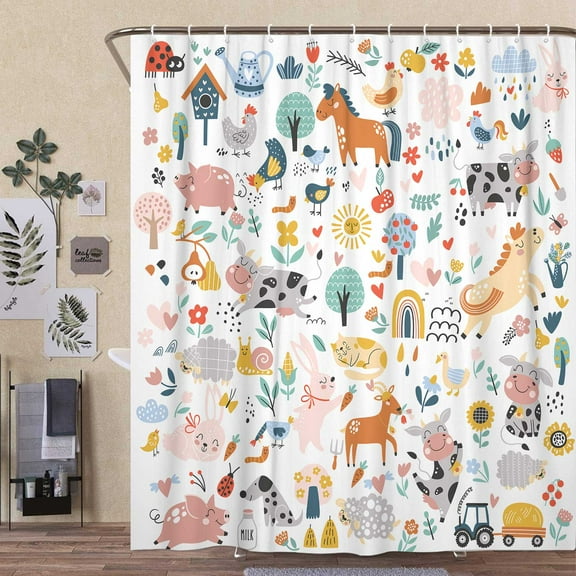 Boho Rustic Farm animals shower curtain, Colorful Kid Funny Cartoon Animal Boys Kids Shower Curtain for Bathroom, Funny Farmhouse Pig Cow Cat Set Fabric Bathroom Accessories Sets with Hooks, 70X70IN