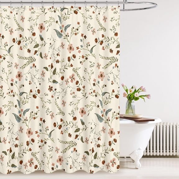Boho Rustic Floral Beige 140 GSM Faux Linen Shower Curtain, Vintage Morris Abstract Green Leaves with Red Florals Print Bathroom Decoration Shower Curtain Sets 72X72 in with Hooks