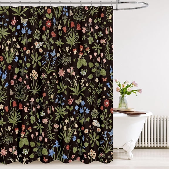 Boho Rustic Floral Black 140 GSM Faux Linen Shower Curtain, Vintage Morris Abstract Green Leaves Plant with Wildflowers Bathroom Decoration Shower Curtain Sets 72X72 in with Hooks