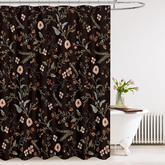 Boho Rustic Floral Black 140 GSM Faux Linen Shower Curtain, Vintage ...