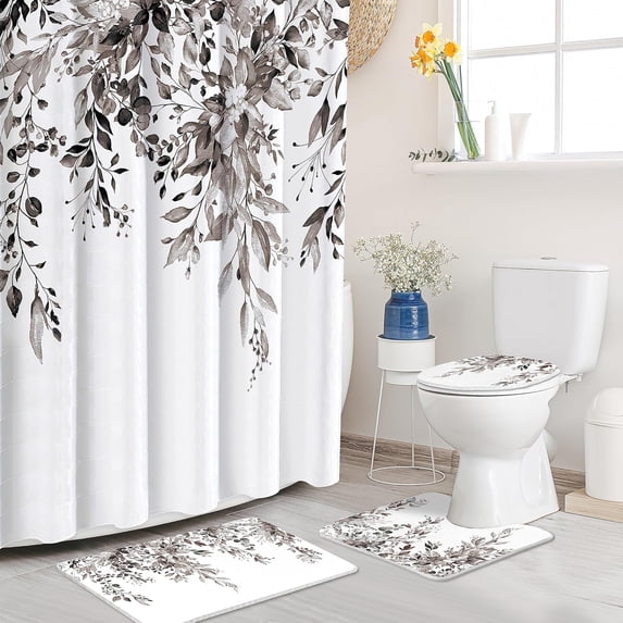 Boho Rustic Floral Black Succulent Flowers Shower Curtain Set 4PCs with Non-Slip Rugs,Toilet Lid Cover and Bath Mat,Bathroom Decoration 71x71 Inch with Hooks
