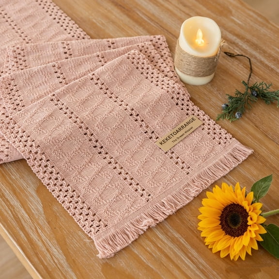 Boho Rustic Jute Macrame Table Runner, Farmhouse Woven Burlap Dresser Scarf 13 x 48 Inches, Neutral Brown Table Centerpiece for Dining, Kitchen & Coffee Table Decor