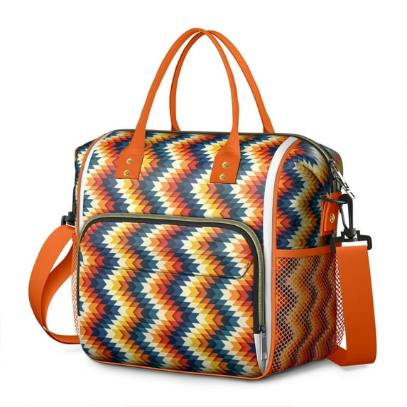 Boho Rustic Large Lunch Cooler – Leakproof Multi-pocket Bag with Adjustable Strap, Artistic Ethnic Style Ideal for Teachers, Commuters, and Picnics