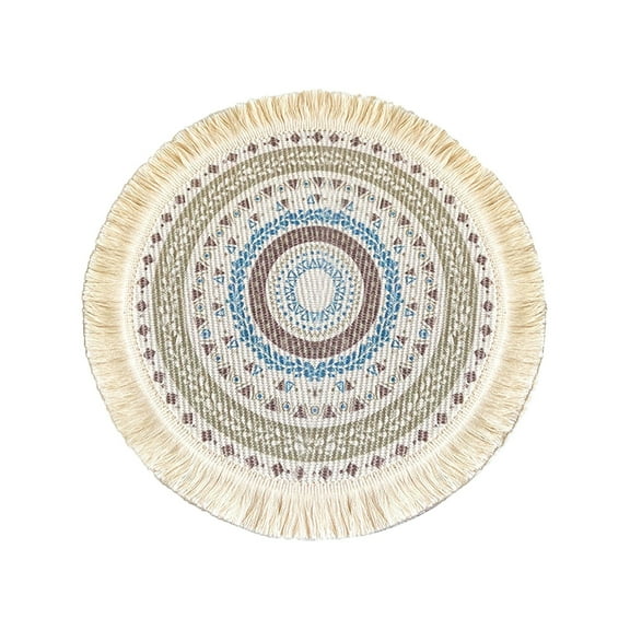 Boho Rustic Round Placemat with Tassels 12.99 Inch Heat Insulation Place Mat for Dining Table Kitchen Table Tea Table Anti Scald Pot Pad Household Decorative Cotton Woven Meal Pad