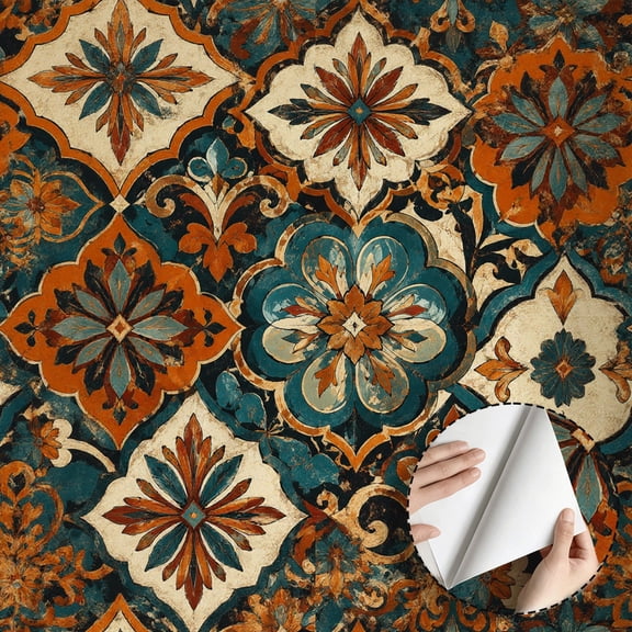 Boho Rustic Vintage Moroccan Floral Wallpaper Peel and Stick Waterproof Contact Paper, Removable Wall Decor Home Decor for Bedroom Kitchen Cabinet Drawer Rental Property 17.7 * 118 in