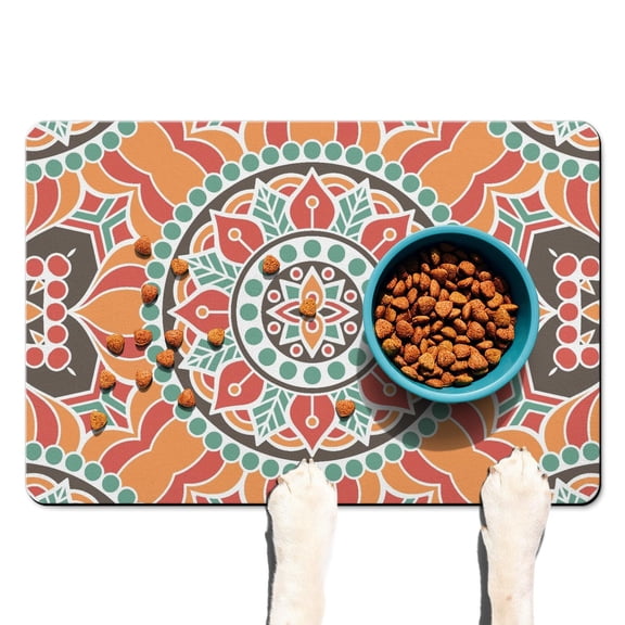 Boho Sacred Mandala Dog Bowl Mat - Absorbent Placemat with Geometric Meditation Patterns, Eco-Conscious & Pet-Safe Materials