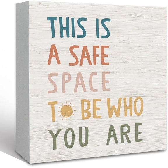 Boho This Is a Safe Space Wooden Box Sign Desk Decor, Therapy Office Decorative, Mental Health Decorative Signs for Classroom Counselor Office, Boho Psychology Home Shelf Desk Decor 5x5Inch