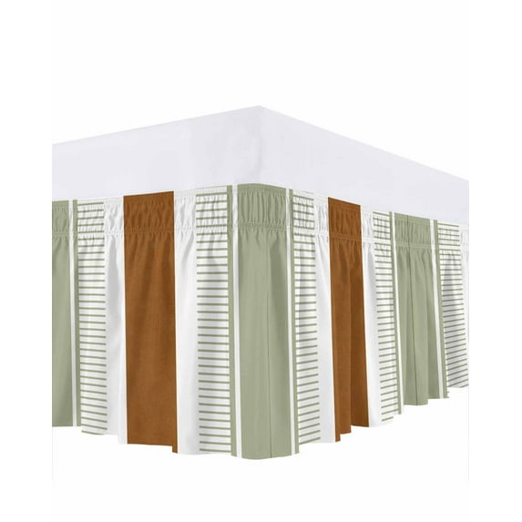 Boho Sage Bed Skirt California King Size 18 Inch Drop, Green and Brown Striped Geometric Retro Farmhouse Wrap Around Dust Ruffle Bedskirts, Easy Fit Bedskirt with Adjustable Elastic