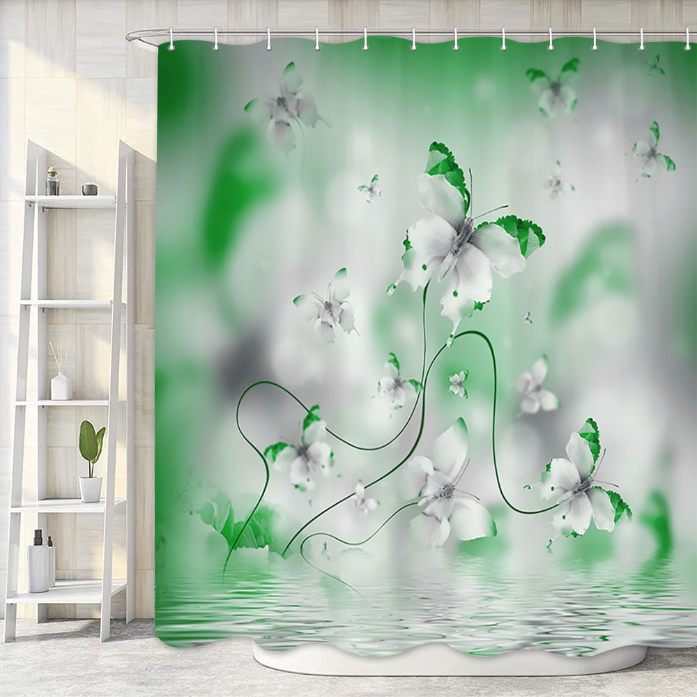 Boho Sage Butterfly Shower Curtain, Butterfly in Spring with Irises Flowers Fabric Shower Curtain, Floral Flower Polyester Fabric Waterproof Bathroom Curtains, 12 Hooks Included 60X70inches