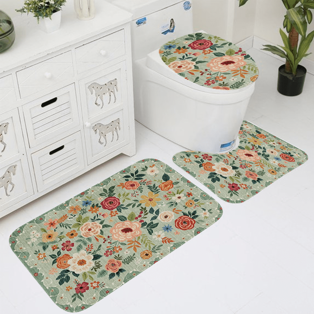 Boho Sage Green Floral 3-Piece Bath Rug Set, Non-Slip Polyester ...