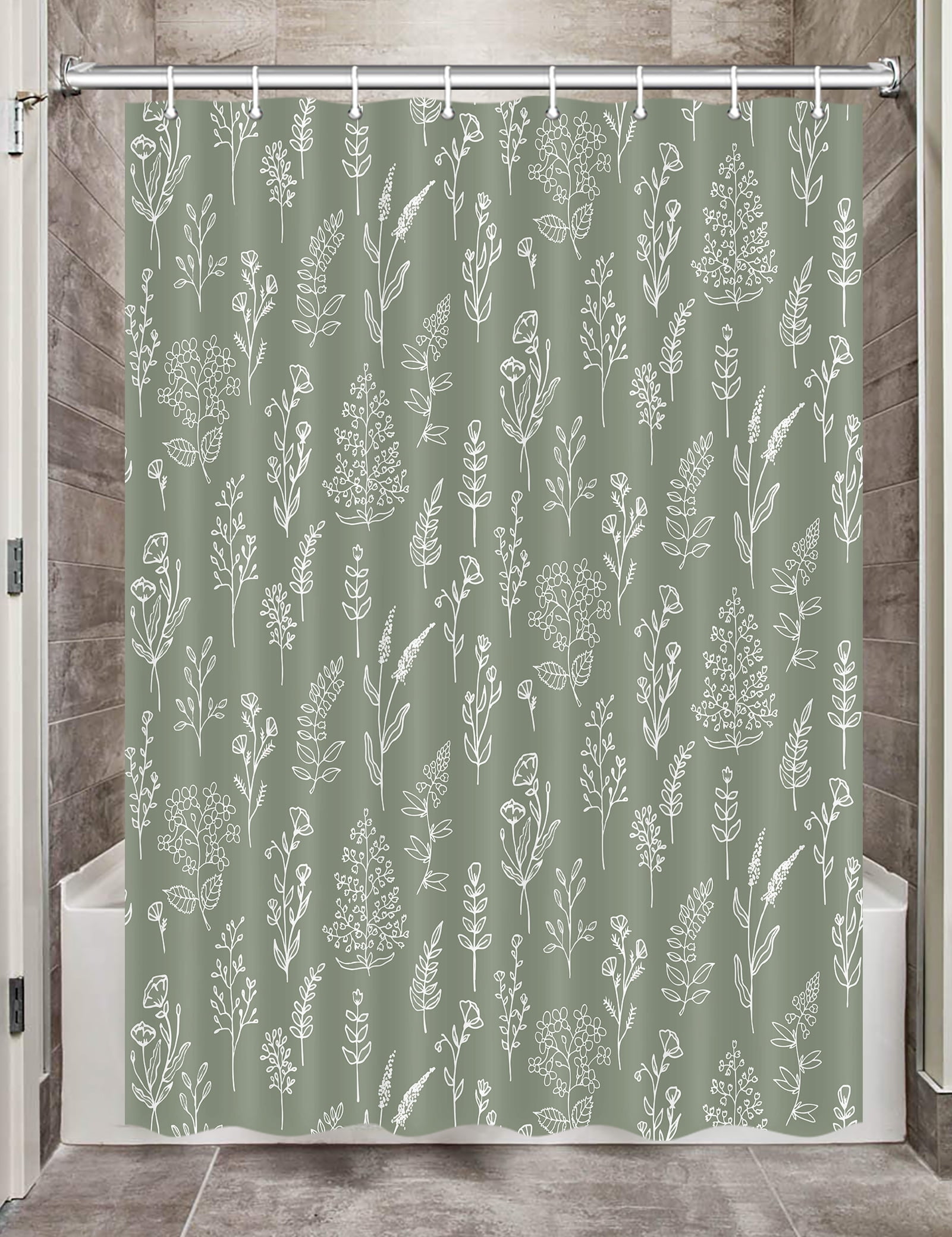 Boho Sage Green Floral Camper RV Shower Curtain for Travel Trailer Bathroom, Leaves Camping