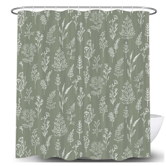 Boho Sage Green Floral Shower Curtain, Cute Spring Dark Green Flower Leaves Fabric Shower Curtains Set for Bathroom Decorative, Plant Botanical Restroom Decor Accessories with Hooks 60X72 Inch