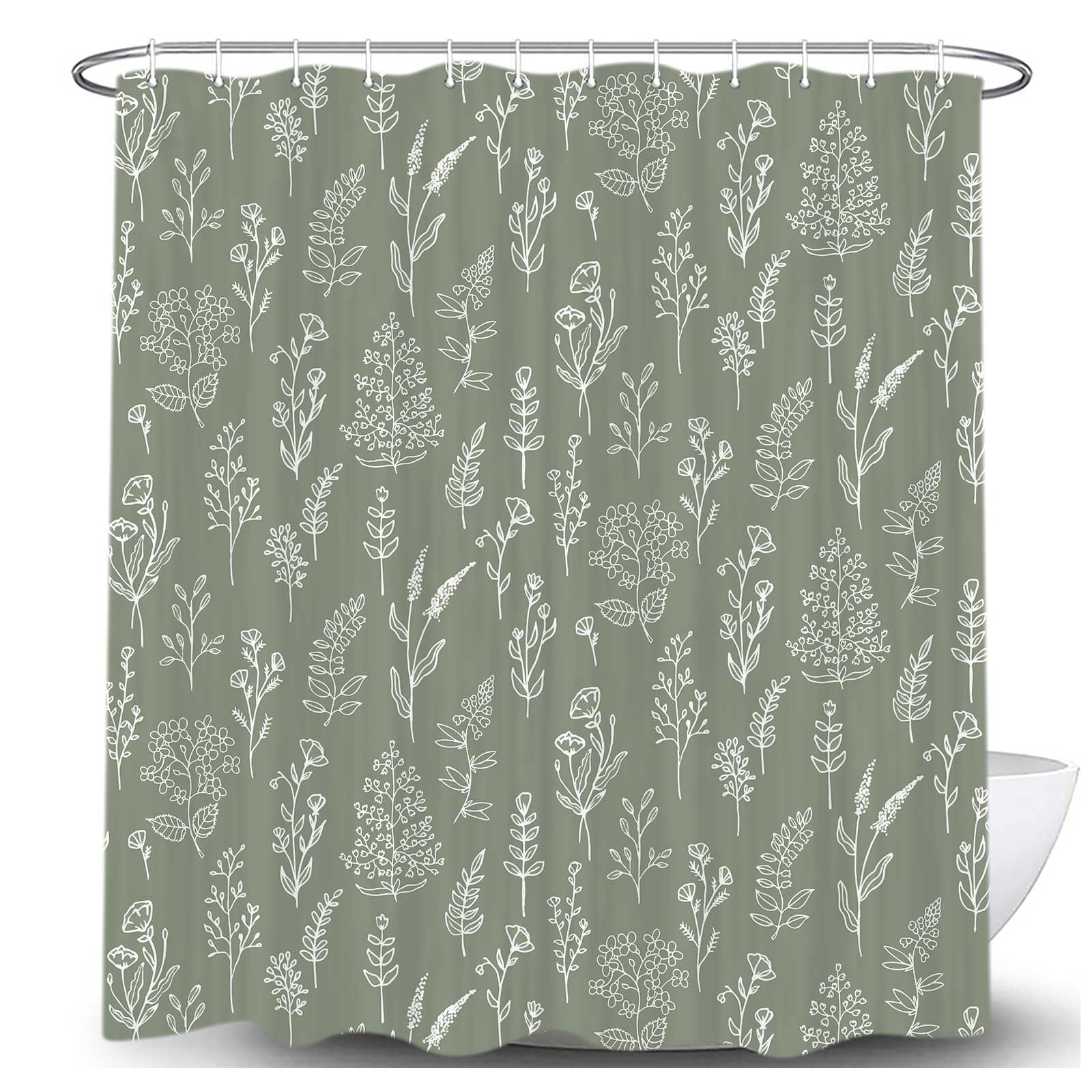 Boho Sage Green Floral Shower Curtain, Cute Spring Dark Green Flower Leaves Fabric Shower Curtains Set for Bathroom Decorative, Plant Botanical Restroom Decor Accessories with Hooks 72X72 Inch