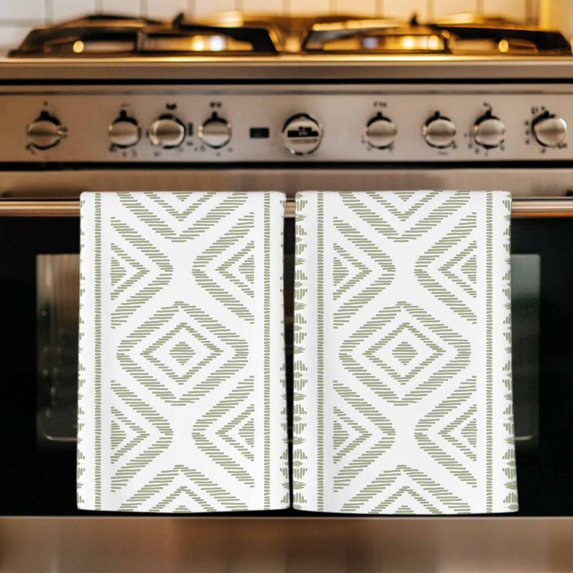 Boho Sage Green Geometric Kitchen Towels Set of 1, Vintage Southwestern Stripes Absorbent Dish Towels for Kitchen, Microfiber Hand Towel, Quick Drying Tea Towel for Cleaning Decorative Dishcloths