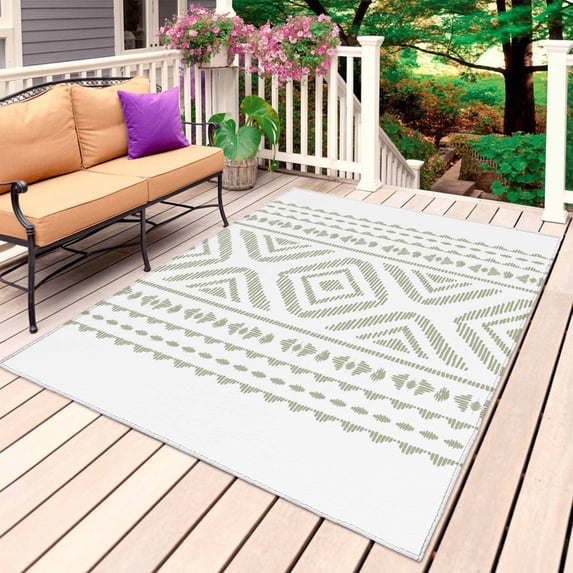 Boho Sage Green Geometric Outdoor Rug 3x5 Ft, Non Slip Washable Area Rug, Vintage Southwestern Stripes Patio Rugs Carpet Runner, Large Floor Mat for Indoor/Outdoor Deck Porch Camping