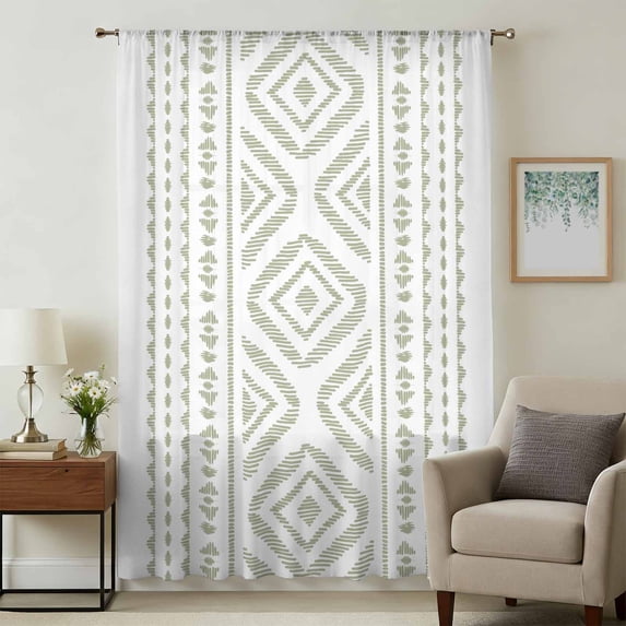 Boho Sage Green Geometric Sheer Curtains 54 Inches Long, Vintage Southwestern Stripes Light Filering Curtains, Breathable Simi Curtain Privacy Drapes for Kitchen Bathroom Small Window Treatment