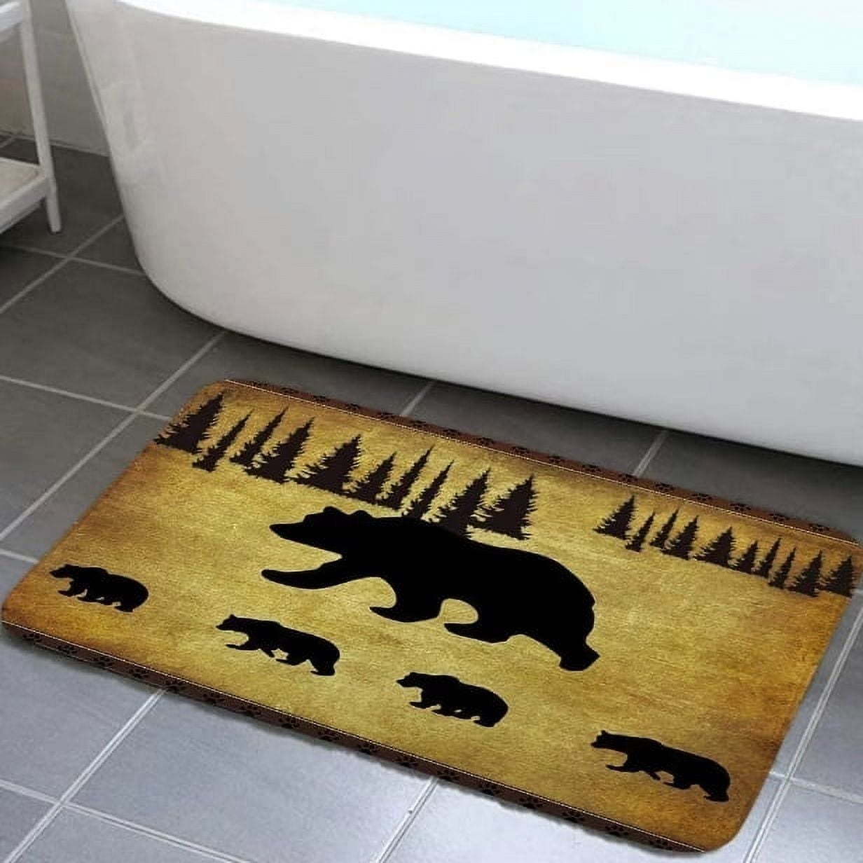 Animal Black Bear Design Bathroom Rug, Non Slip Bath Mat with Black Bear Forest Trees Rustic Cabin Bathroom Accessories Shower Mat Kitchen Rug, 19X31in