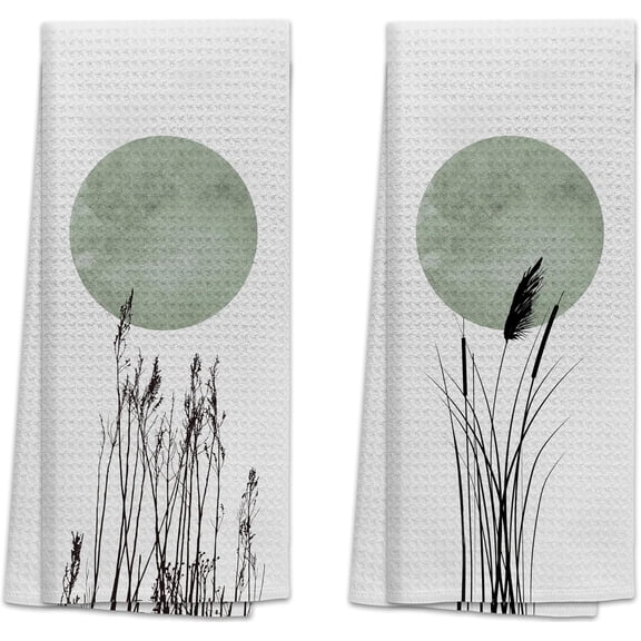 Boho Sage Green Moon Kitchen Towels 16x24In Set of 2, Bohemian Dish Towels, Sage Green Decorative Hand Towels for Boho Bathroom, Abstract Painting Hand Tea Towels for Boho Kitchen Bathroom Decor