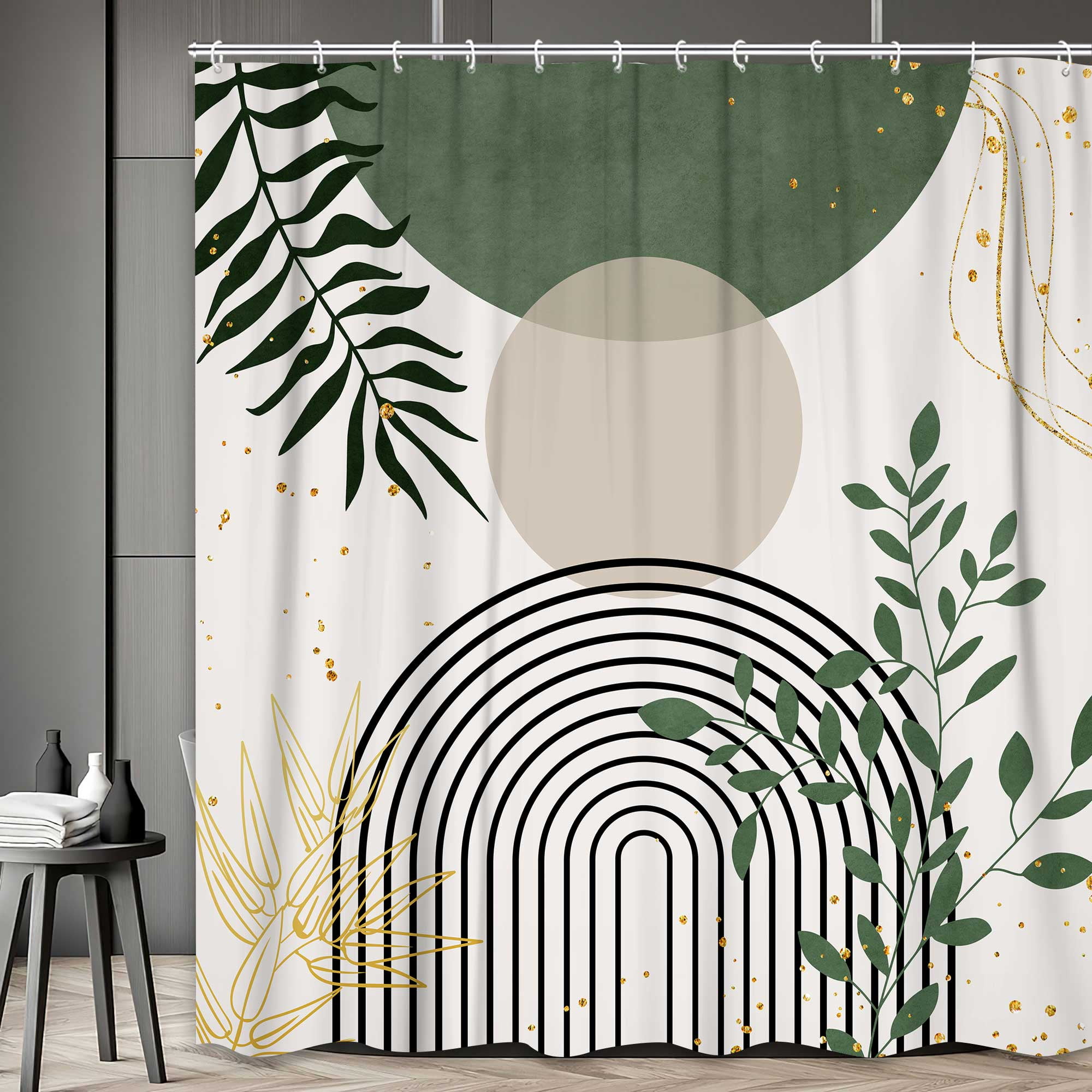 Boho Sage Green Shower Curtain, Abstract Bohemian Mid Century Bathroom Curtains, Plant Botanical ...