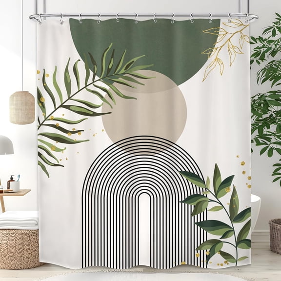 Boho Sage Green Shower Curtain, Abstract Century Modern Bathroom Curtain, Gold Leaves Plant Olive Grey Minimalist Bathroom Decor Bath Curtain12 Pack Hooks 72"W x 96"L (Pack of 1)